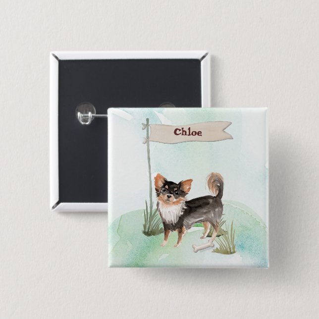 Individuelle Name Langhaariger Chihuahua Haustier  Button (Vorne & Hinten)