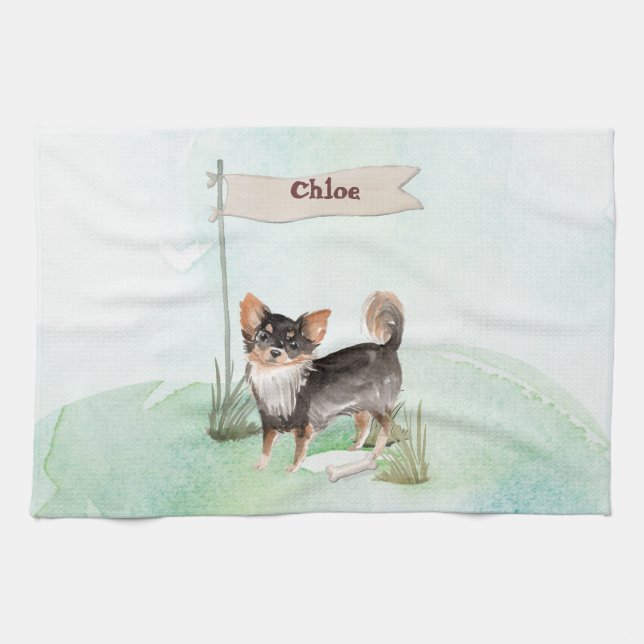 Individuelle Name Langhaariger Chihuahua Haustier  Geschirrtuch (Horizontal)