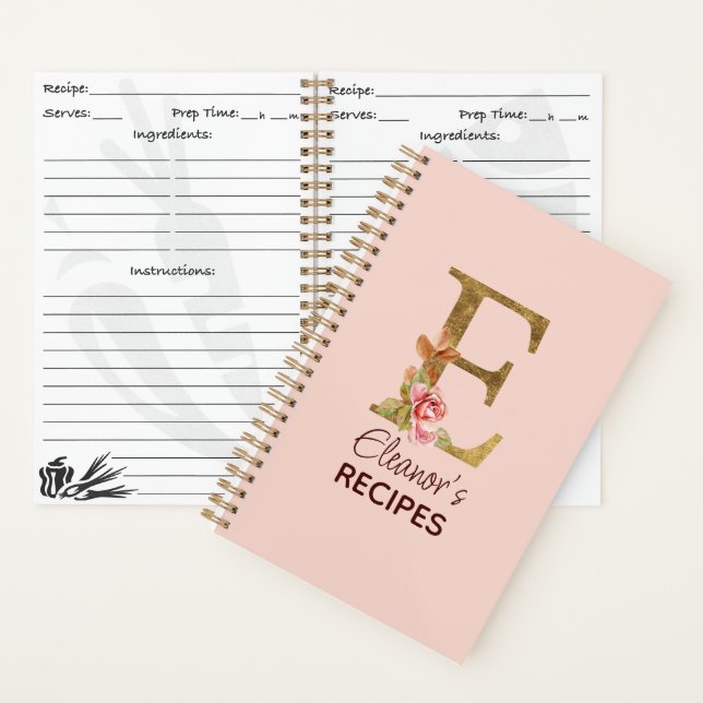 Individuelle Name Letter E Gold Rosa Rosen Rezept Notizbuch (Innen)