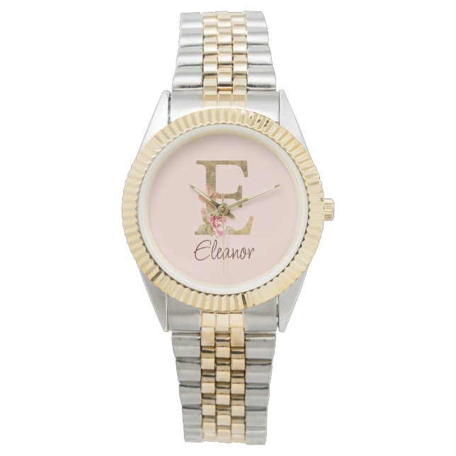 Individuelle Name Letter E Goldene Forelle Rose Ro Armbanduhr (Vorderseite)