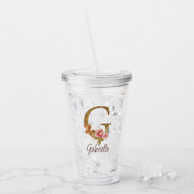 Individuelle Name Letter G Gold Foil Rose Rose Ros Acryltrinkbecher (Vorderseite Ice)