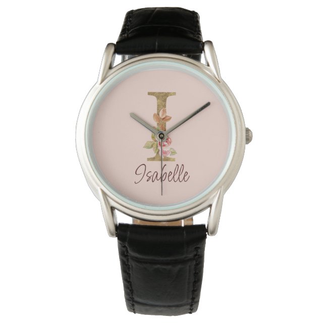 Individuelle Name Letter I Gold Foil Roses Rosa Ro Armbanduhr (Vorderseite)