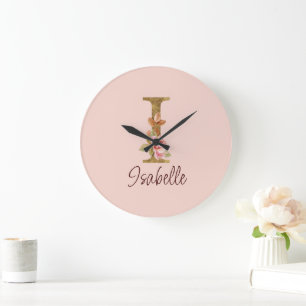 Individuelle Name Letter I Gold Foil Roses Rosa Ro Große Wanduhr