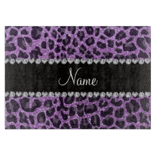Individuelle Name-Licht lila Glitzer Leopard-Druck Schneidebrett