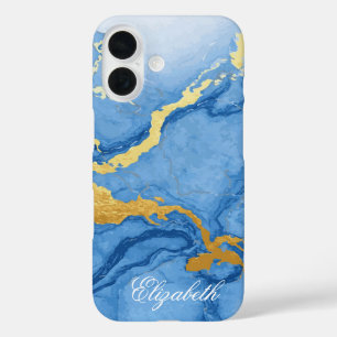 Individuelle Name Light Blue Marble & Gold iPhone 16 Hülle