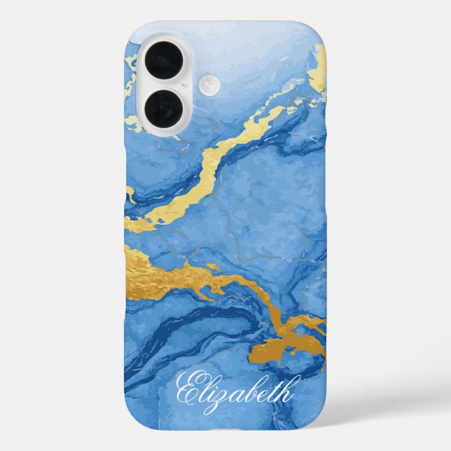 Individuelle Name Light Blue Marble & Gold iPhone 16 Hülle (Rückseite)