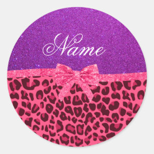 Individuelle Name lila Glitzer rosa Leopardenbogen Runder Aufkleber