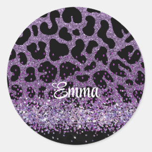 Individuelle Name Lila Leopard Glitzer Runder Aufkleber