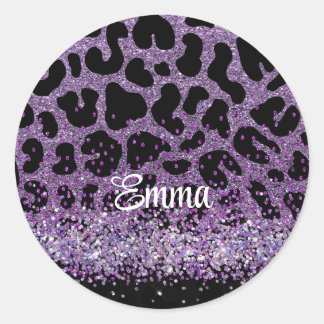 Individuelle Name Lila Leopard Glitzer Runder Aufkleber