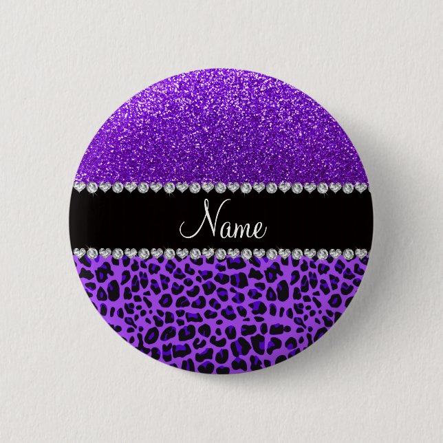 Individuelle Name lila Leopard Indigo lila Glitzer Button (Vorderseite)