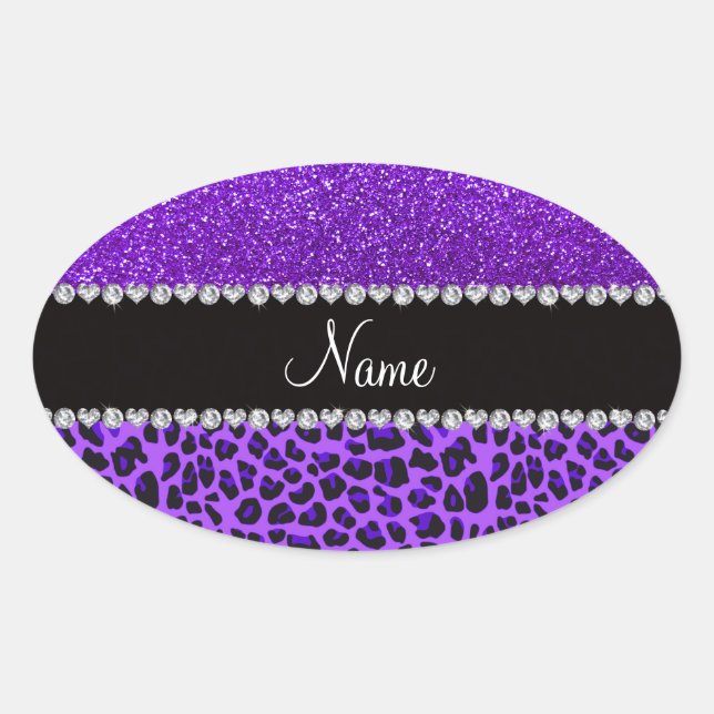 Individuelle Name lila Leopard Indigo lila Glitzer Ovaler Aufkleber (Vorderseite)