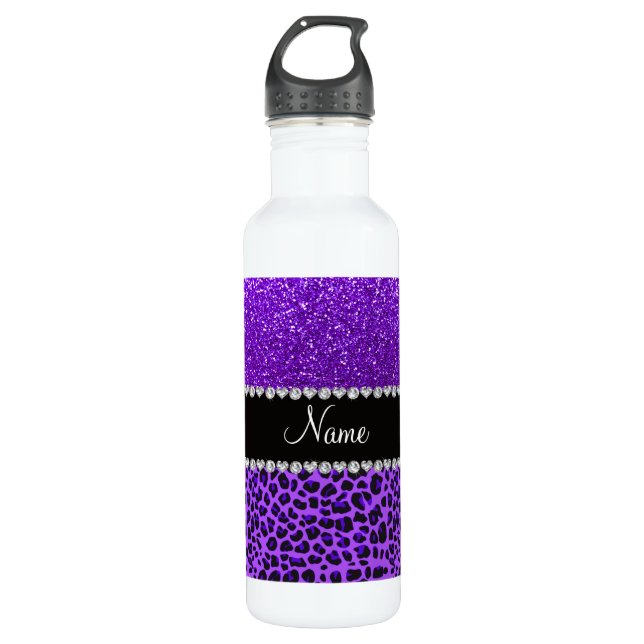 Individuelle Name lila Leopard Indigo lila Glitzer Trinkflasche (Vorderseite)