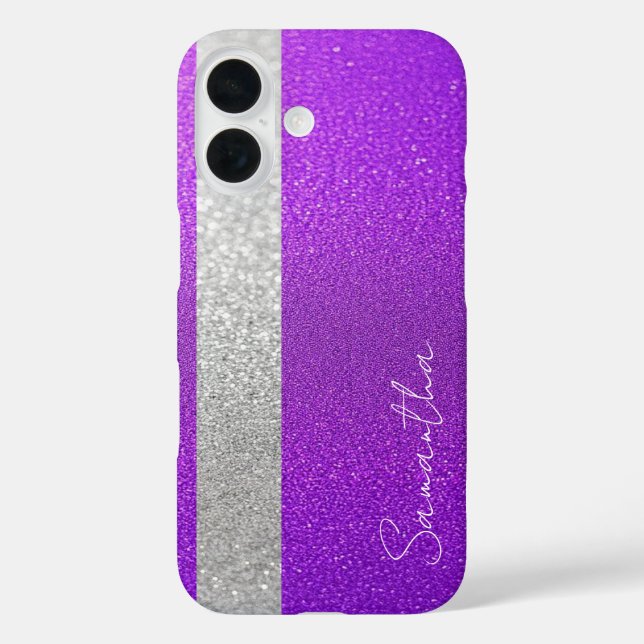 Individuelle Name Lila & Silver Glitzer iPhone 16 Hülle (Rückseite)