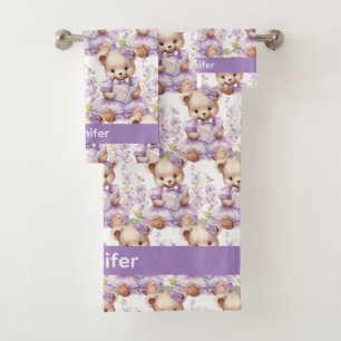 Individuelle Name Lilac Teddy Bear Girl's Bath Tow Badhandtuch Set