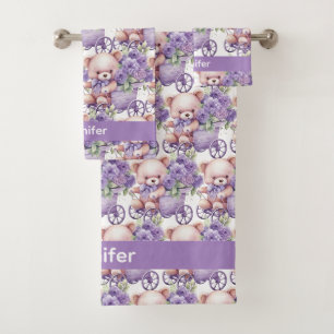 Individuelle Name Lilac Teddy Bear Girl's Bath Tow Badhandtuch Set
