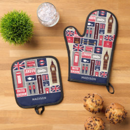 Individuelle Name London UK Icons Ofenhandschuh & Topflappen-Set