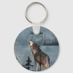 Individuelle Name Lonely Wolf Howling über den See Schlüsselanhänger
