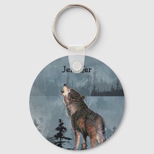 Individuelle Name Lonely Wolf Howling über den See Schlüsselanhänger (Vorderseite)