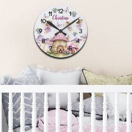 Individuelle Name Magic Fairies Pink Mushrooms Runde Wanduhr