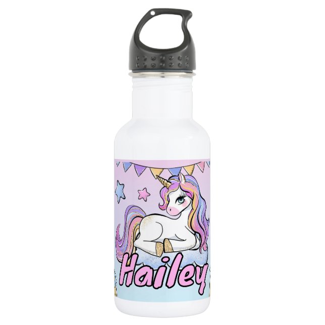 Individuelle Name Magisches Einhorn, Regenbogen &  Edelstahlflasche (Vorderseite)