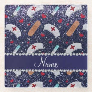 Individuelle Name Marine blaue Glitzer Krankenschw Glasuntersetzer