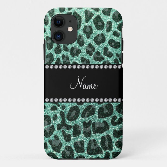 Individuelle Name Meeresfrüchte-Grün Glitzer Leopa Case-Mate iPhone Hülle (Rückseite)