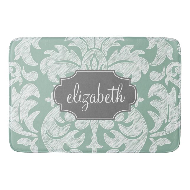 Individuelle Name Minze und Grau Damask Badematte (Vorderseite)