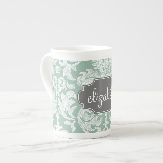Individuelle Name Minze und Grau Damask Prozellantasse (Vorderseite Links)