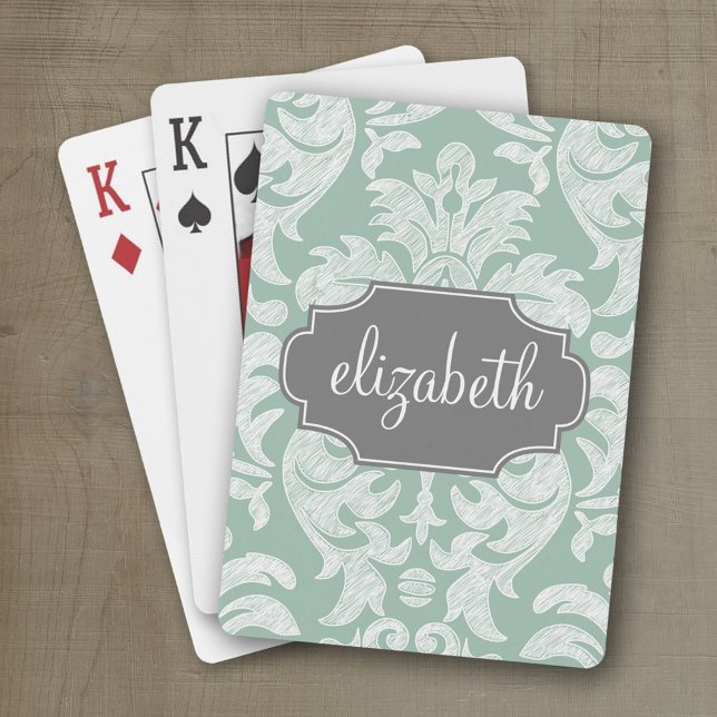 Individuelle Name Minze und Grau Damask Spielkarten (Personalized playing cards with a fun area to add text such as a name)