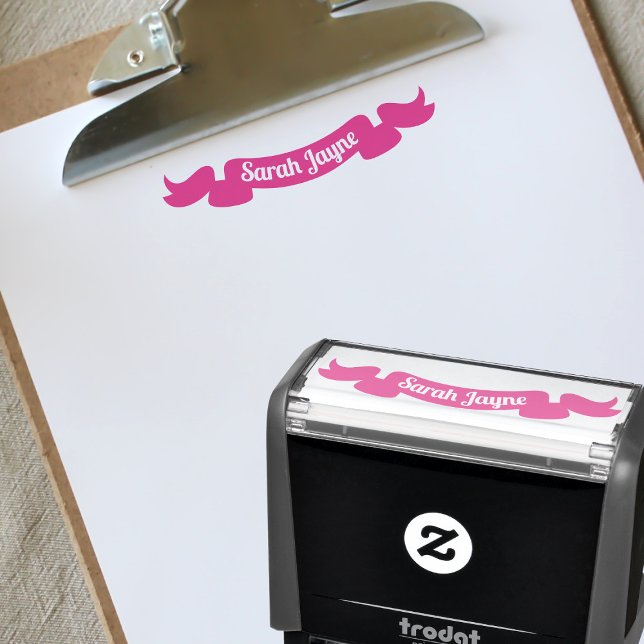 Individuelle Name mit dem einfachen rosa Flachband Permastempel (A pretty pink ribbon self inking stamp that you can add your name to)