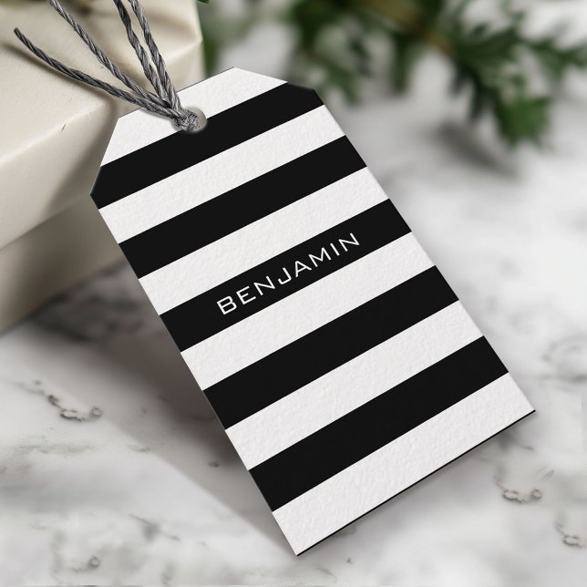 Individuelle Name mit schwarzem und weißem Streife Geschenkanhänger (Custom Gift Tag)