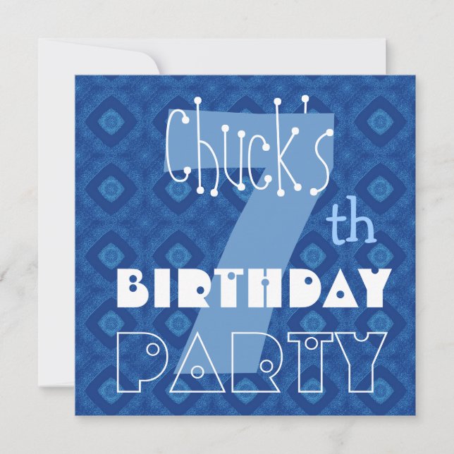 Individuelle Name Modern Kid's 7th Birthday Blue S Einladung (Vorderseite)
