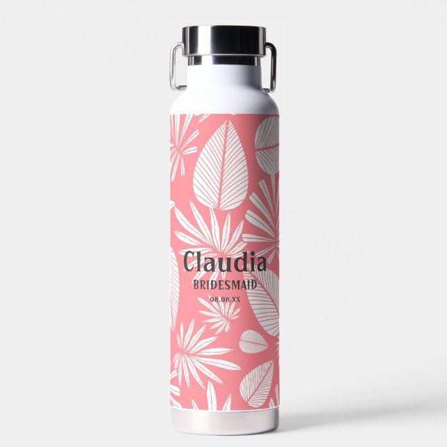 Individuelle Name Moderne Hochzeitsrosa und Weiß Trinkflasche (Vorne)