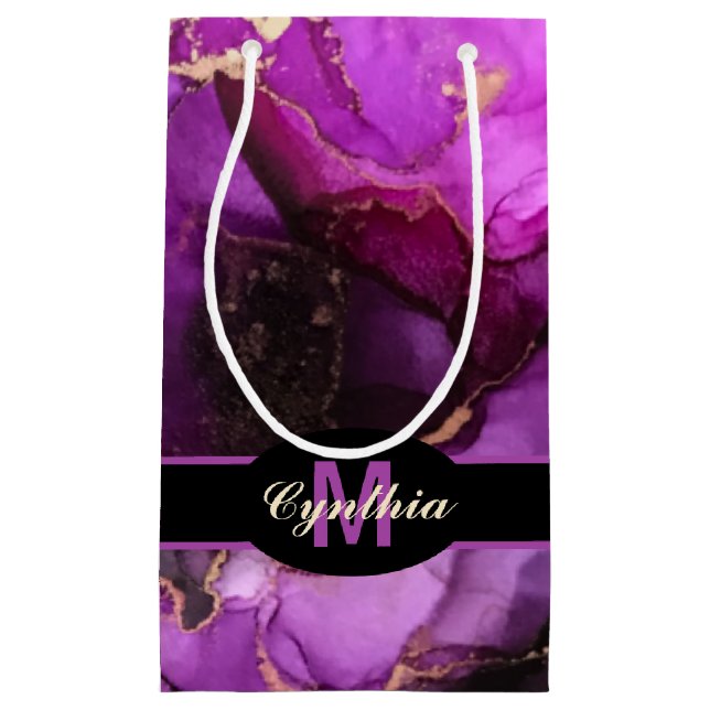 Individuelle Name Monogram Black Lila Einzigartige Kleine Geschenktüte (Vorderseite)