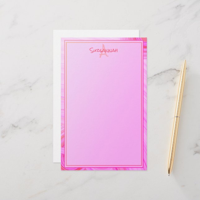 Individuelle Name Monogram Pink Textur Border Briefpapier (Vorderseite/Rückseite Beispiel)