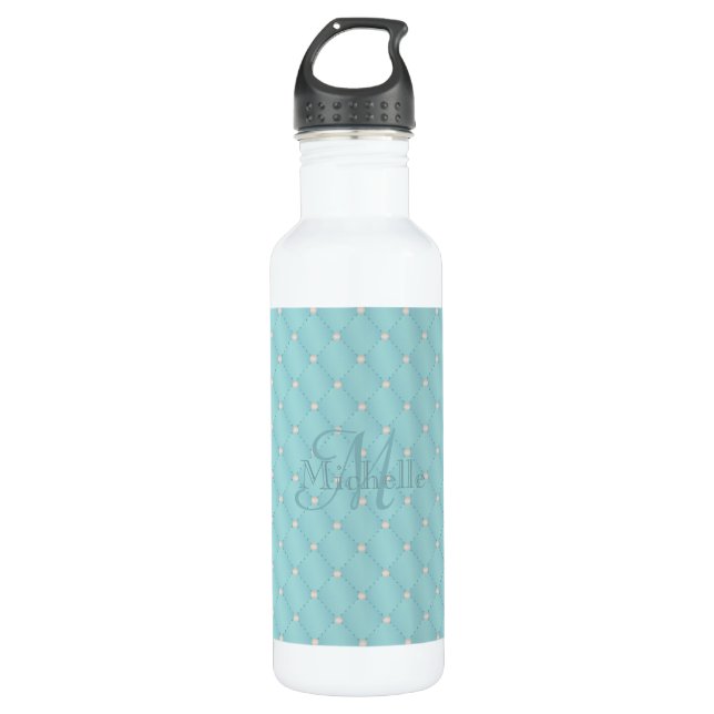 Individuelle Name Monogram Türkise Quilt Muster Edelstahlflasche (Vorderseite)