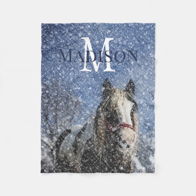 Individuelle Name Monogramm Winterpferd Fleecedecke (Vorderseite)