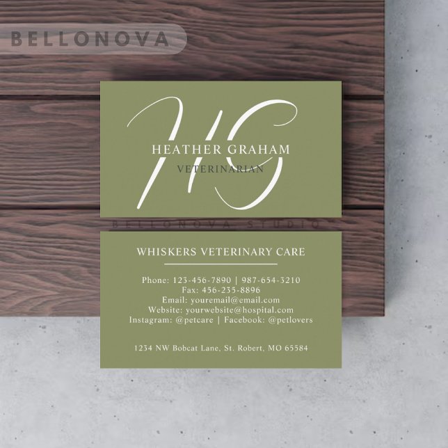 Individuelle Name Moss Sage Olive Green White Mono Visitenkarte (Custom Name Moss Sage Olive Green White Monogram Business Card)