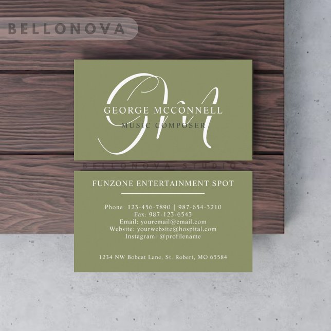 Individuelle Name Moss Sage Olive Green White Mono Visitenkarte (Custom Name Moss Sage Olive Green White Monogram Business Card)