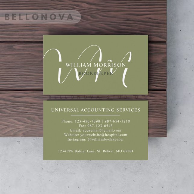 Individuelle Name Moss Sage Olive Green White Mono Visitenkarte (Custom Name Moss Sage Olive Green White Monogram Business Card)