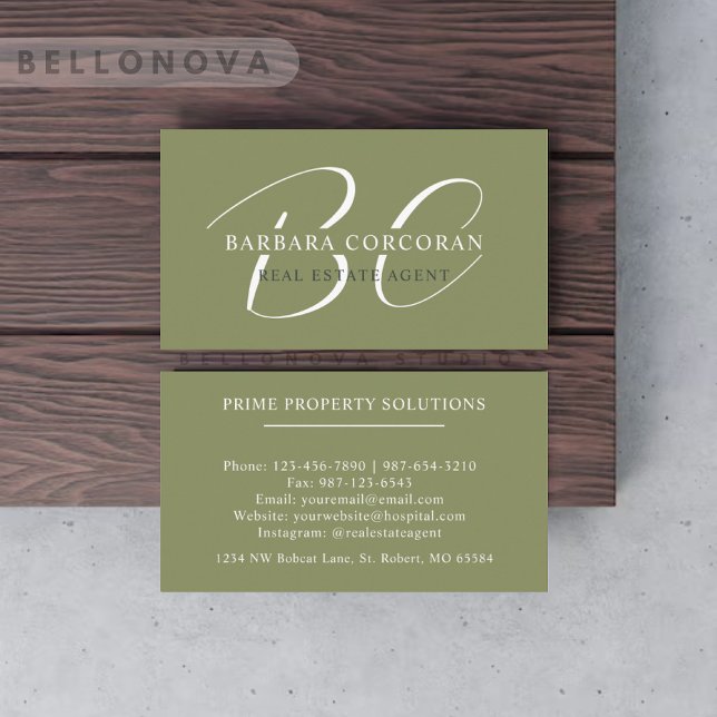 Individuelle Name Moss Sage Olive Green White Mono Visitenkarte (Custom Name Moss Sage Olive Green White Monogram Business Card)