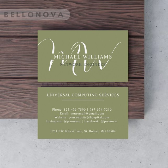 Individuelle Name Moss Sage Olive Green White Mono Visitenkarte (Custom Name Moss Sage Olive Green White Monogram Business Card)
