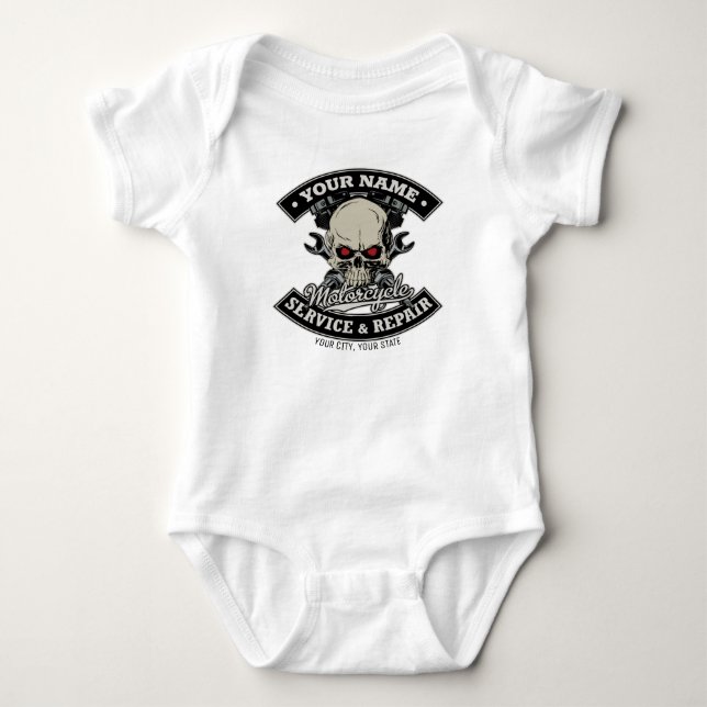 Individuelle Name-Motorradgarage Baby Strampler (Vorderseite)