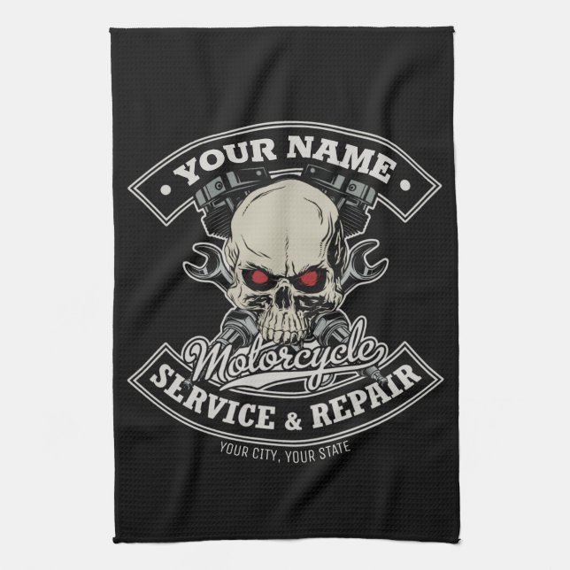 Individuelle Name-Motorradgarage Geschirrtuch (Vertikal)