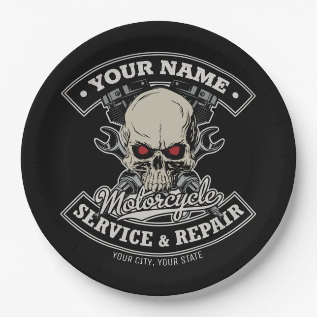 Individuelle Name-Motorradgarage Pappteller (Vorderseite)