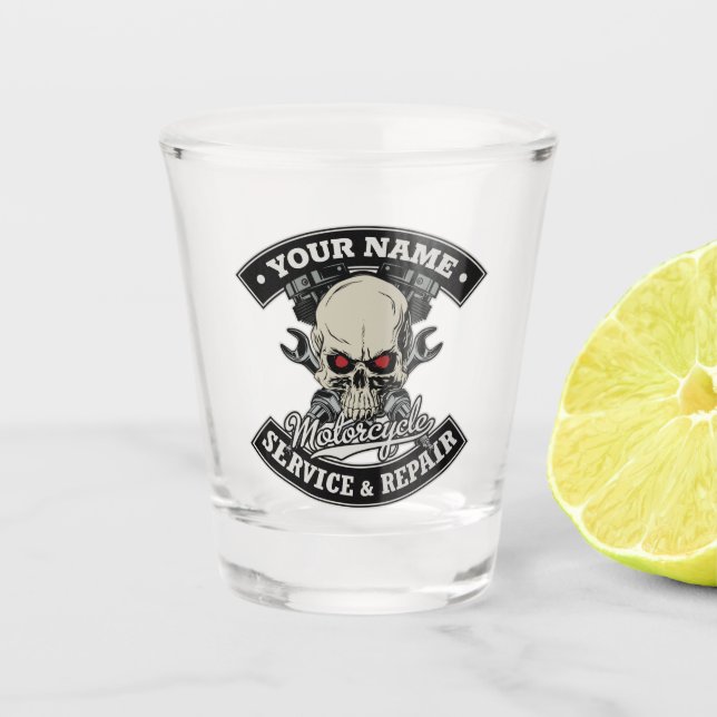 Individuelle Name-Motorradgarage Schnapsglas (Vorderseite)