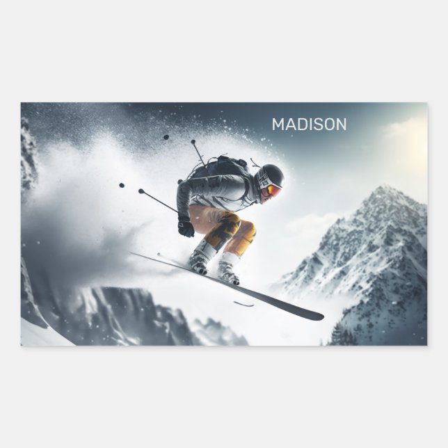 Individuelle Name Mountain Skier Rechteckiger Aufkleber (Vorderseite)