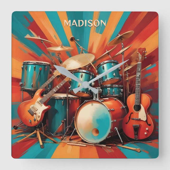 Individuelle Name Musikinstrumente Quadratische Wanduhr (Vorderseite)