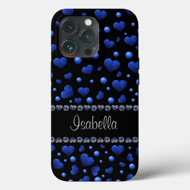 Individuelle Name, Muster des blauen Herzens Glitz Case-Mate iPhone Hülle (Rückseite)