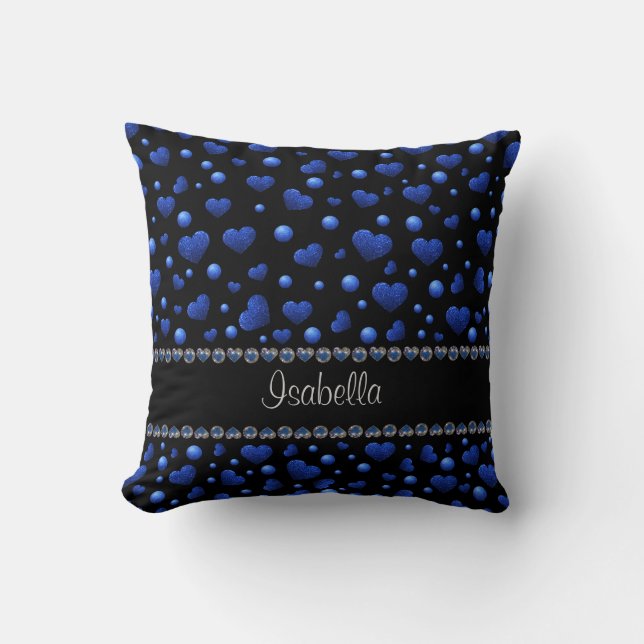 Individuelle Name, Muster des blauen Herzens Glitz Kissen (Vorderseite)